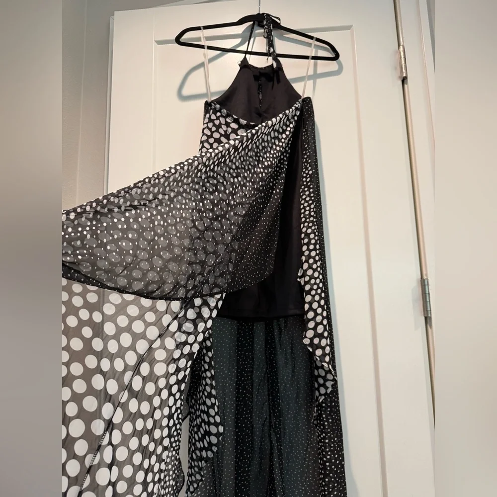 Black Polka Dot Halter Chiffon Maxi Dress Open Back - Picture 3 of 8